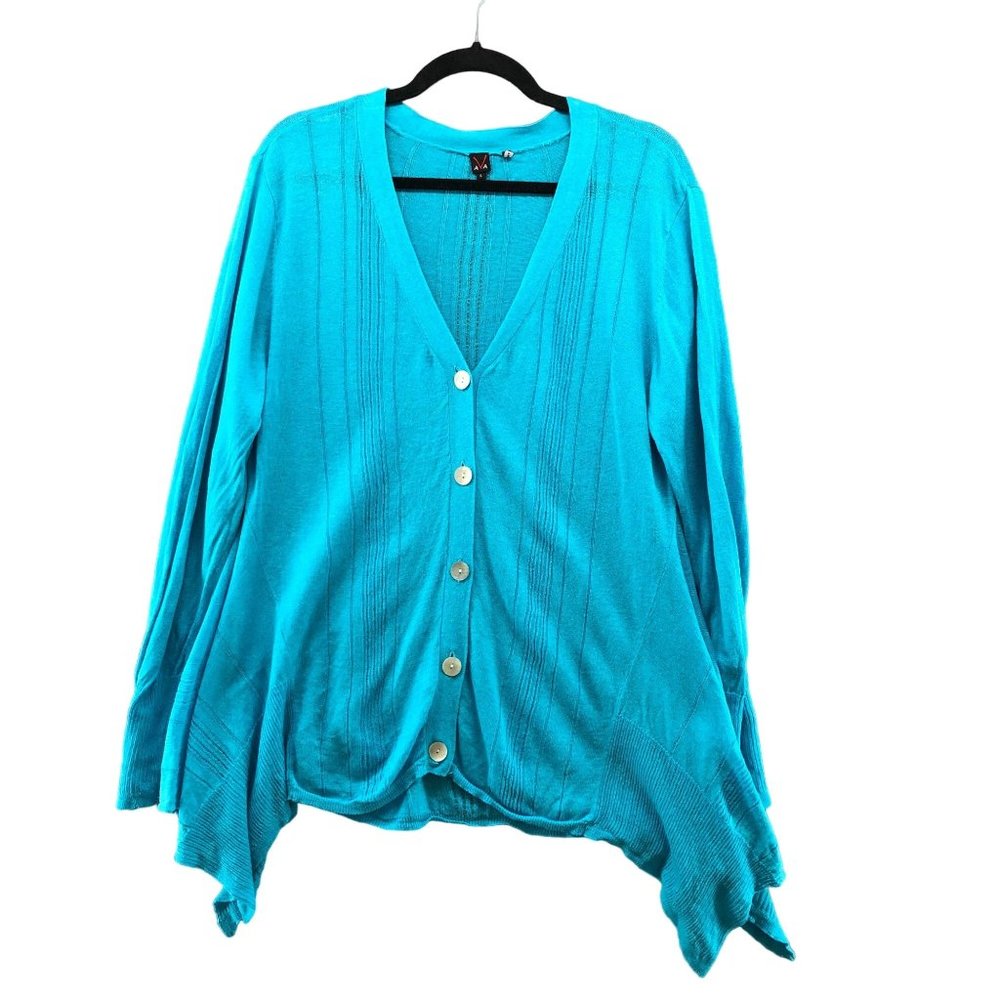 AVA Linen Blend Cardigan Asymmetric Hem Blue Button Front Womens Sz L‎ Lagenlook